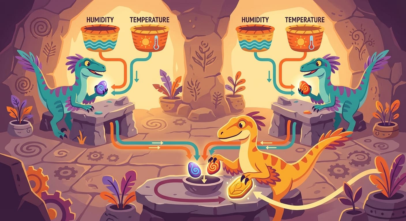Two rows of velociraptors at stone workstations. The back row has two velociraptors (Plonkva and Grinjka) each receiving the same two input baskets (humidity and temperature). Each produces one output pebble. These two output pebbles feed into the front row, where Drysska sits at a single workstation, combining them into a final output. Lines connect the stations showing data flow