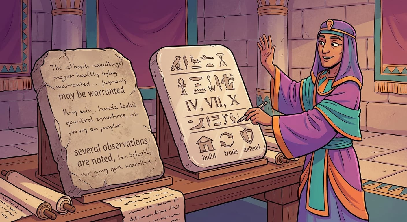 Two stone tablets side by side. The left tablet shows the model's summary: vague, hedging text with phrases like "may be warranted" and "several observations are noted." The right tablet shows Zhrondvik's ideal summary: crisp text with specific numbers, clear conclusions, and an action recommendation. Zhrondvik gestures dismissively at the left tablet and taps the right one approvingly