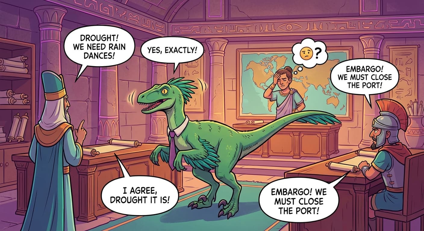 A cartoon velociraptor in a government office nodding enthusiastically at everything. Two advisors on opposite sides present contradictory positions — one saying "drought" and the other saying "embargo." The velociraptor faces each one in turn, agreeing with both, with speech bubbles showing supportive responses to each contradictory position. Zhrondvik stands behind, looking frustrated