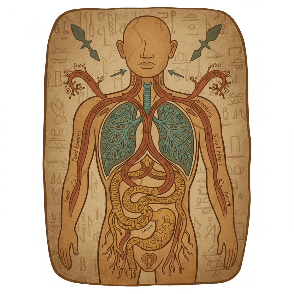 A diagram showing three systems converging in the chest — the food tube feeding into rivers, the bellows pulling in air, and the red fluid passing through where they meet