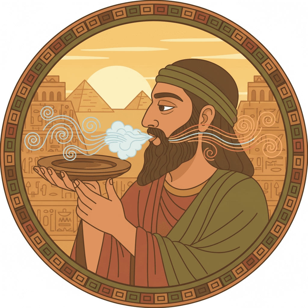 A polished copper plate held near the mouth, fogged with moisture from exhaled breath — showing that air changes as it passes through the body