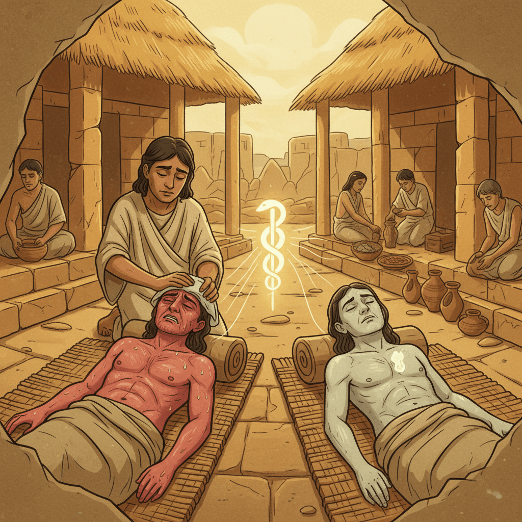 Fever and swelling during recovery — a person burning with heat and visibly fighting — beside the quiet stillness of someone who is losing the battle