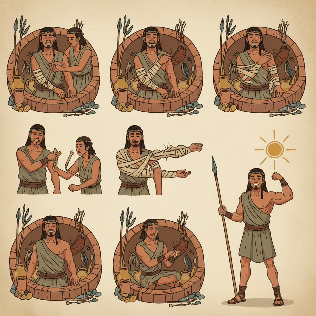 Tszuvok's arm at three stages — freshly broken, bound in splints, and weeks later with the splint removed and the arm working again