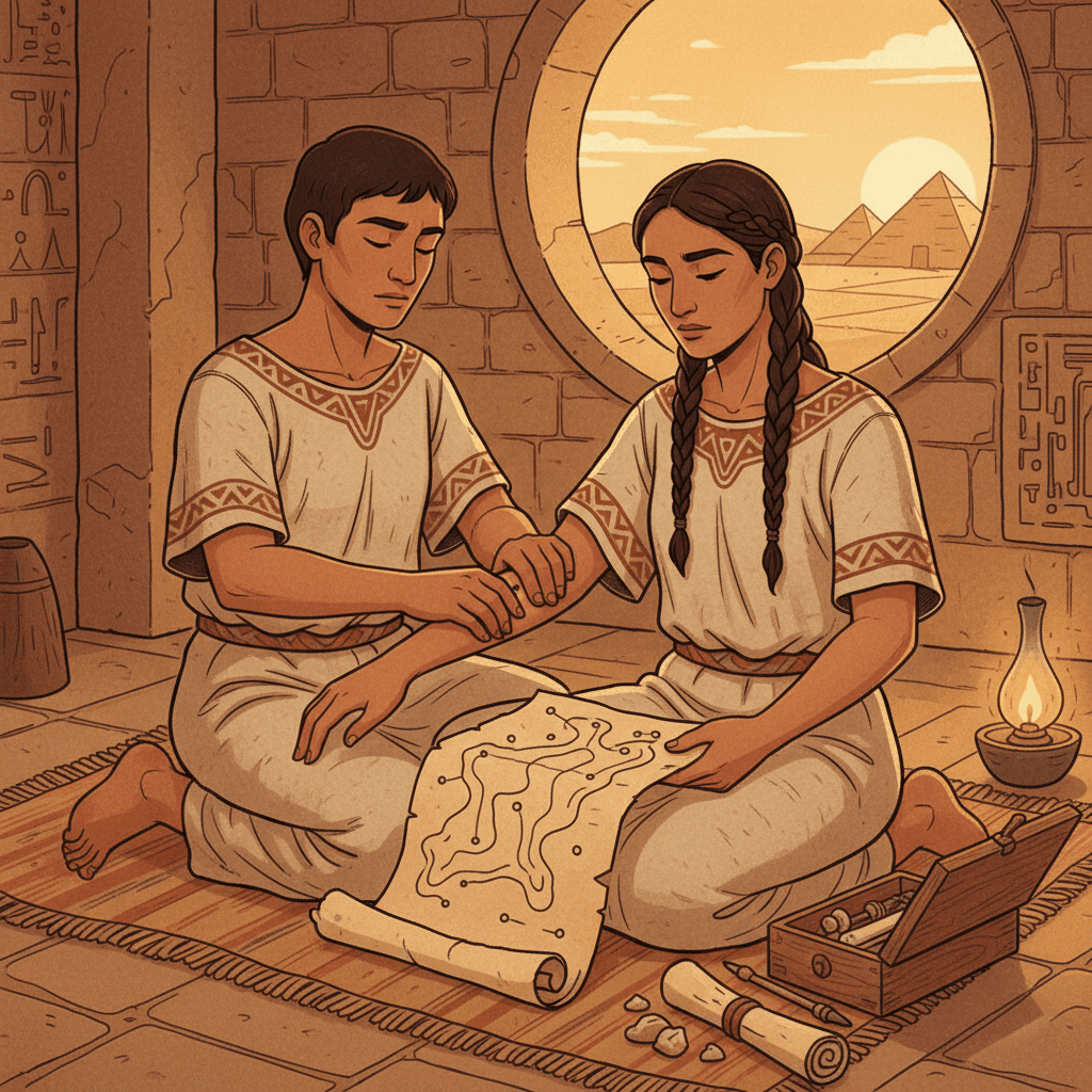 Crivsola and Tszuvok pressing along their bodies and marking hard spots on a drawing of the human form