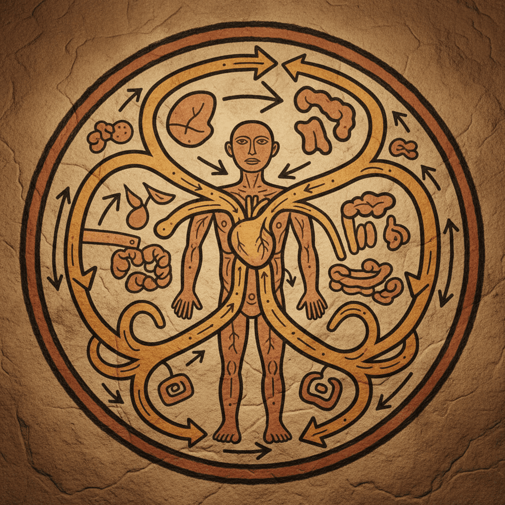 A diagram showing the complete circuit — pump in the chest pushing fluid outward through deep channels, reaching the body, and returning through visible blue channels back to the pump