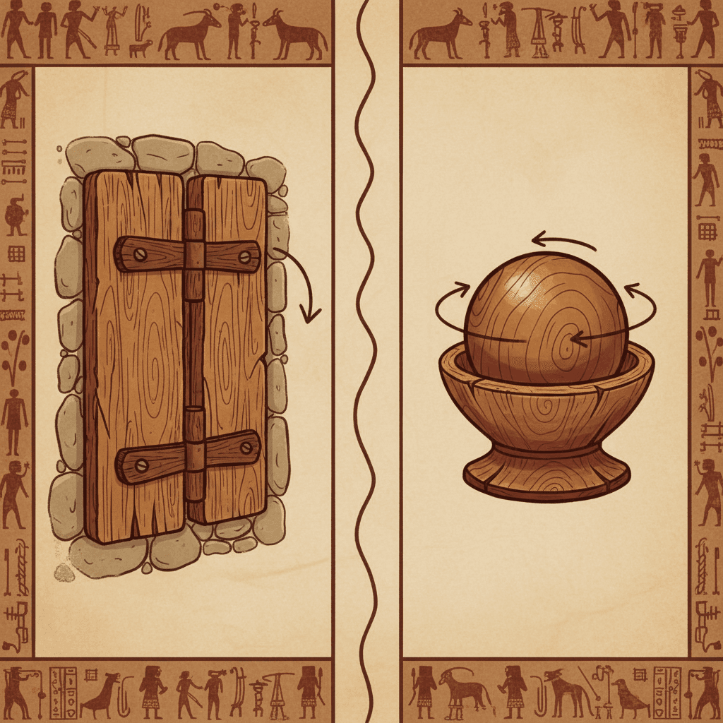 A door hinge beside a ball resting in a cup — two different ways that rigid pieces can connect and move