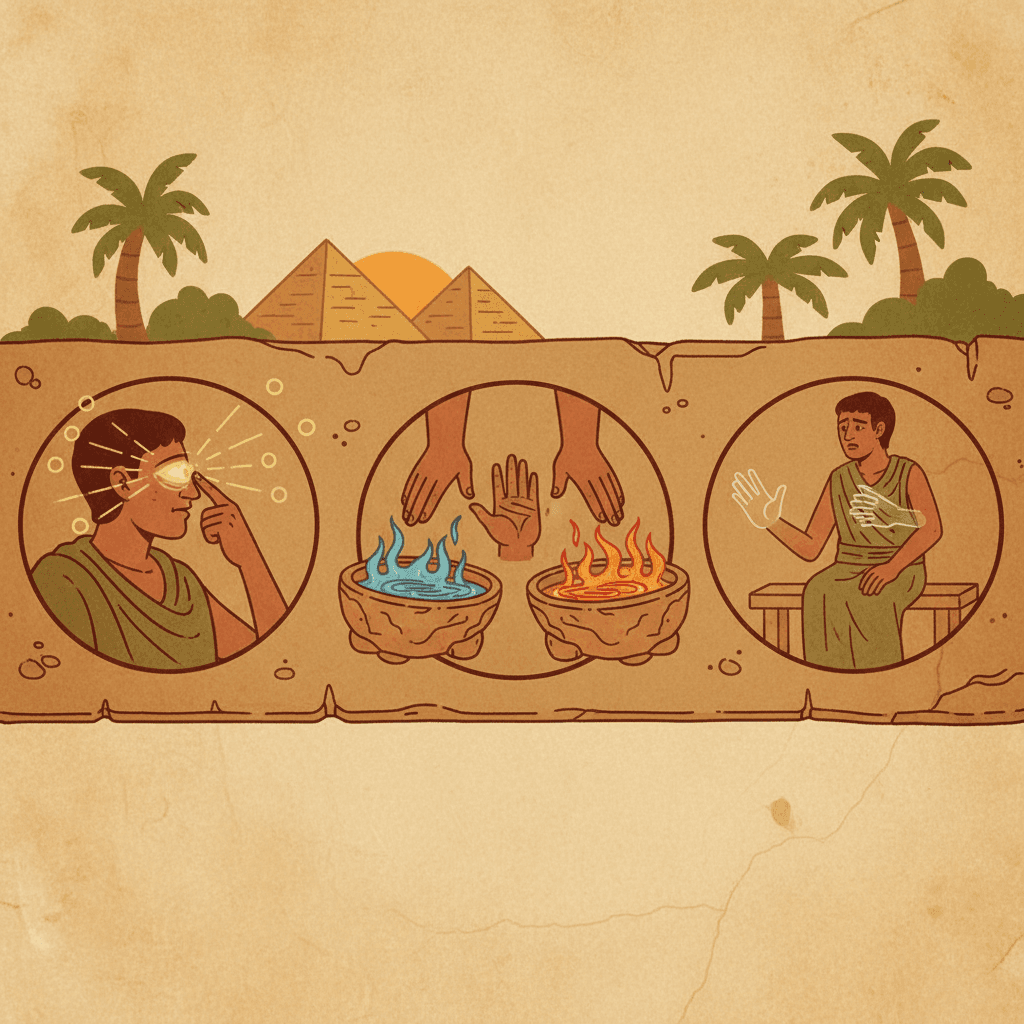 Two hands submerged in the same bowl of warm water, one feeling cold and the other feeling warm — beside a closed eye being pressed gently, producing a flash of light in the darkness