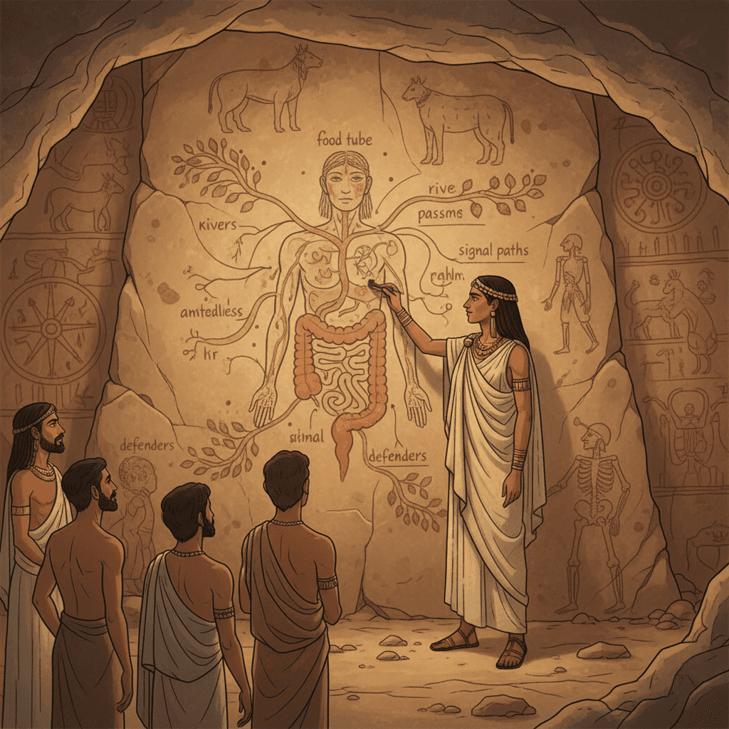 Crivsola's complete picture of the body — all systems drawn together on a wall, interconnected with lines showing how each depends on the others