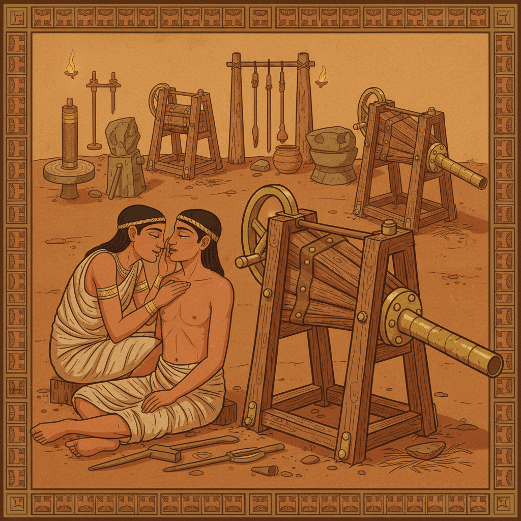 Bellows being squeezed and released beside Crivsola listening to the chest with her ear, a question mark between them