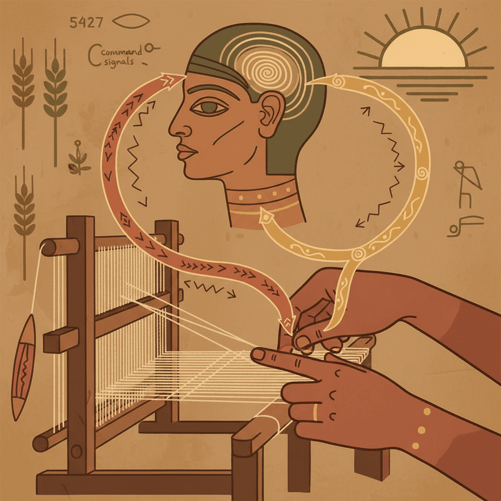 Two sets of paths running through the body — one carrying commands outward from the head, the other carrying feelings inward — with Grujla's hand showing movement without sensation