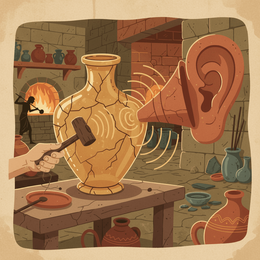 A cracked glass vessel next to an uncracked one, both being tapped — the uncracked one vibrating with visible sound waves travelling through the air toward a funnel-shaped ear