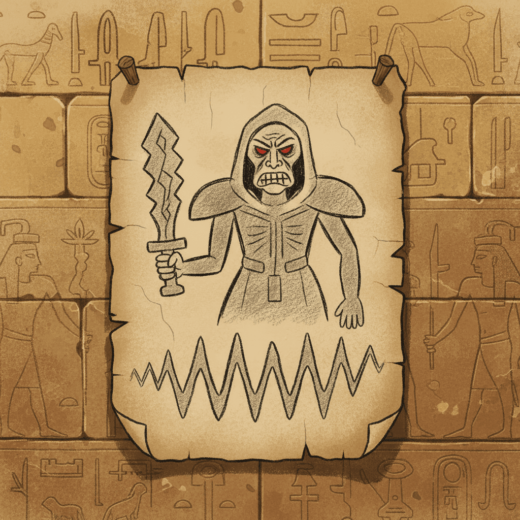 A wanted poster nailed to a stone wall — a drawn face with distinguishing features marked, guards studying it carefully