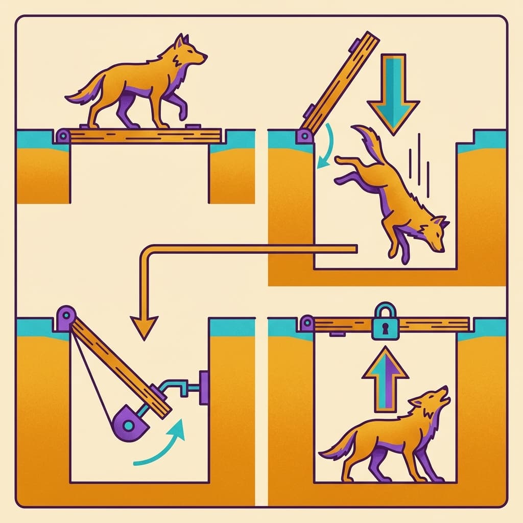 A one-way trap door designed to catch wolves — it opens downward but cannot be pushed open from below