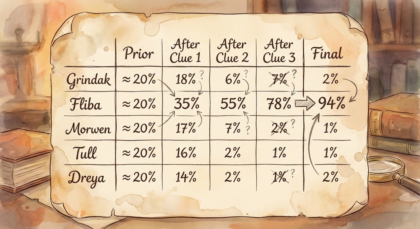 A table on paper showing the sequential Bayesian updates — starting priors for Jansu, Fliba, and Others, with each row updating after a new piece of evidence, the numbers gradually shifting toward Fliba