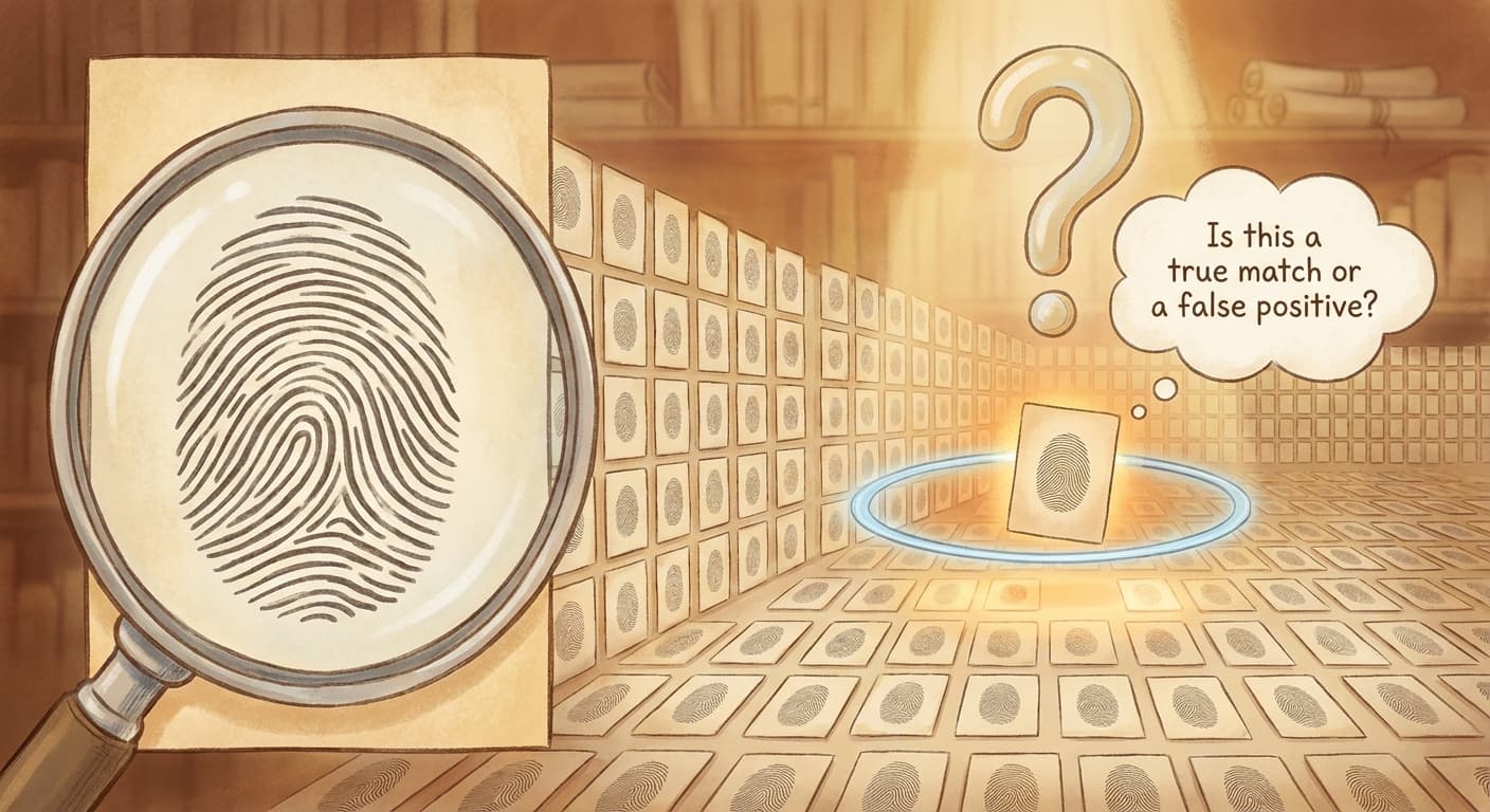 A diagram showing a single fingerprint being compared against rows and rows of prints in a database, with one "match" highlighted — but a question mark asking whether it is a true match or a false positive
