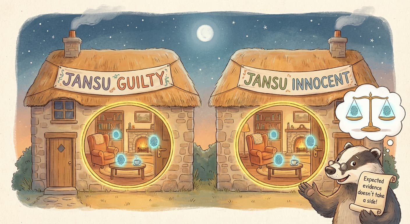Two identical houses side by side — one labeled "Jansu guilty" and one labeled "Jansu innocent" — both showing fingerprints inside, illustrating that the evidence is equally expected either way