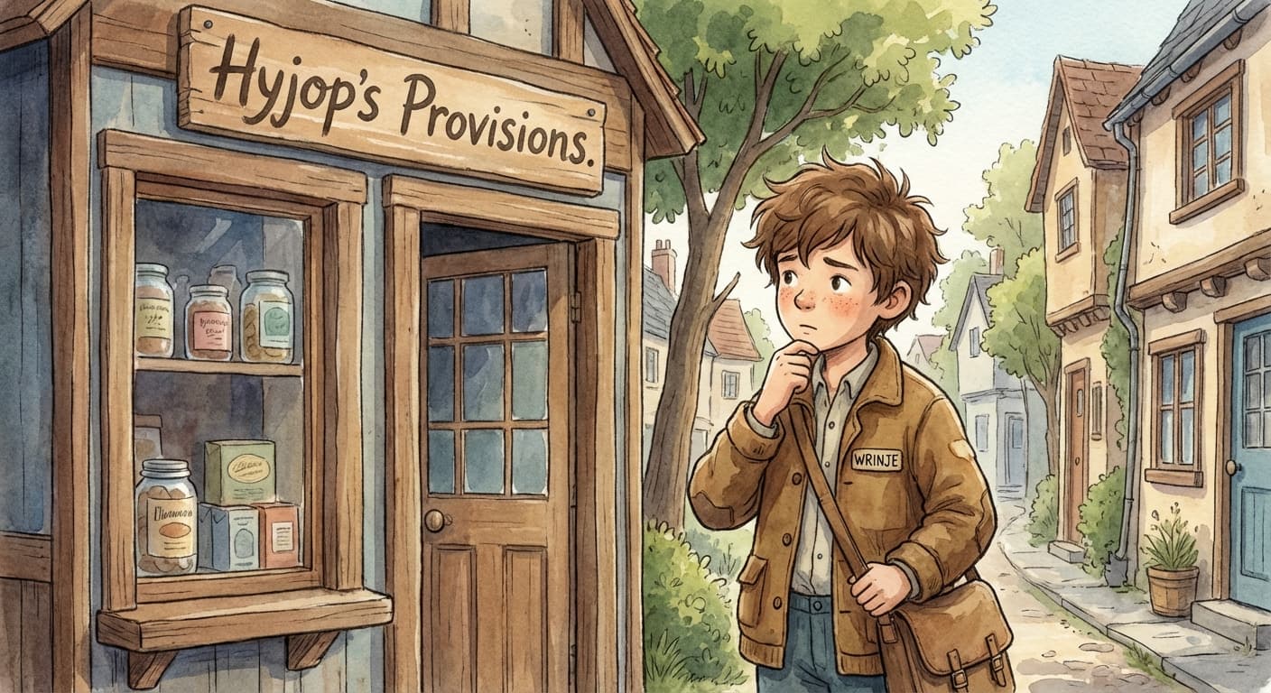 Wrinje standing outside a small provisions shop with a hand-painted sign reading "Hyjop's", the street behind him quiet and residential