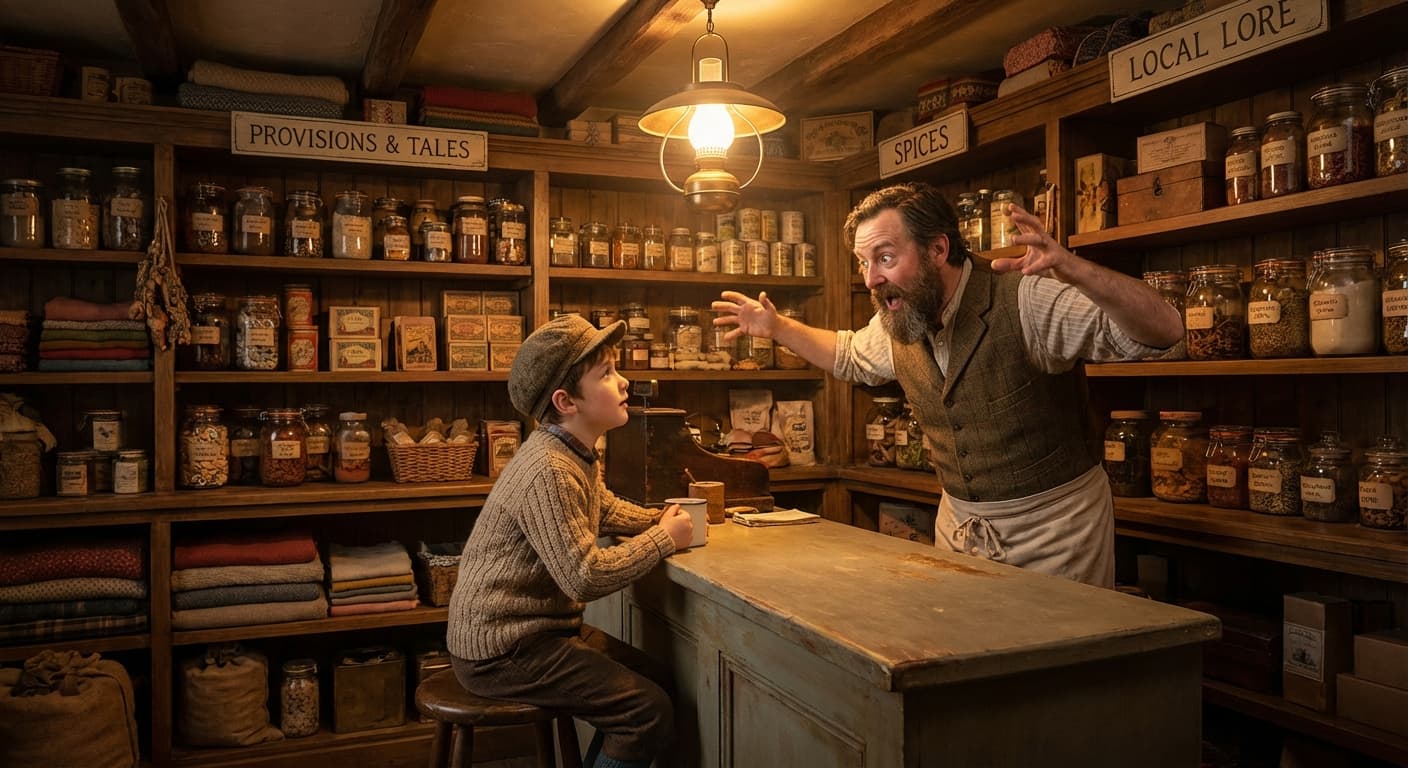 Wrinje sitting at a counter in Hyjop's shop, listening intently while Hyjop leans forward, gesturing as he tells the story about the will