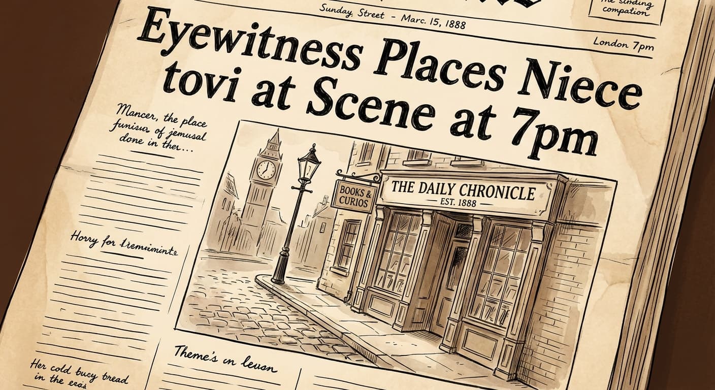 A newspaper headline reading "Eyewitness Places Niece at Scene at 7pm" with a sketch of a street and a shop in the background