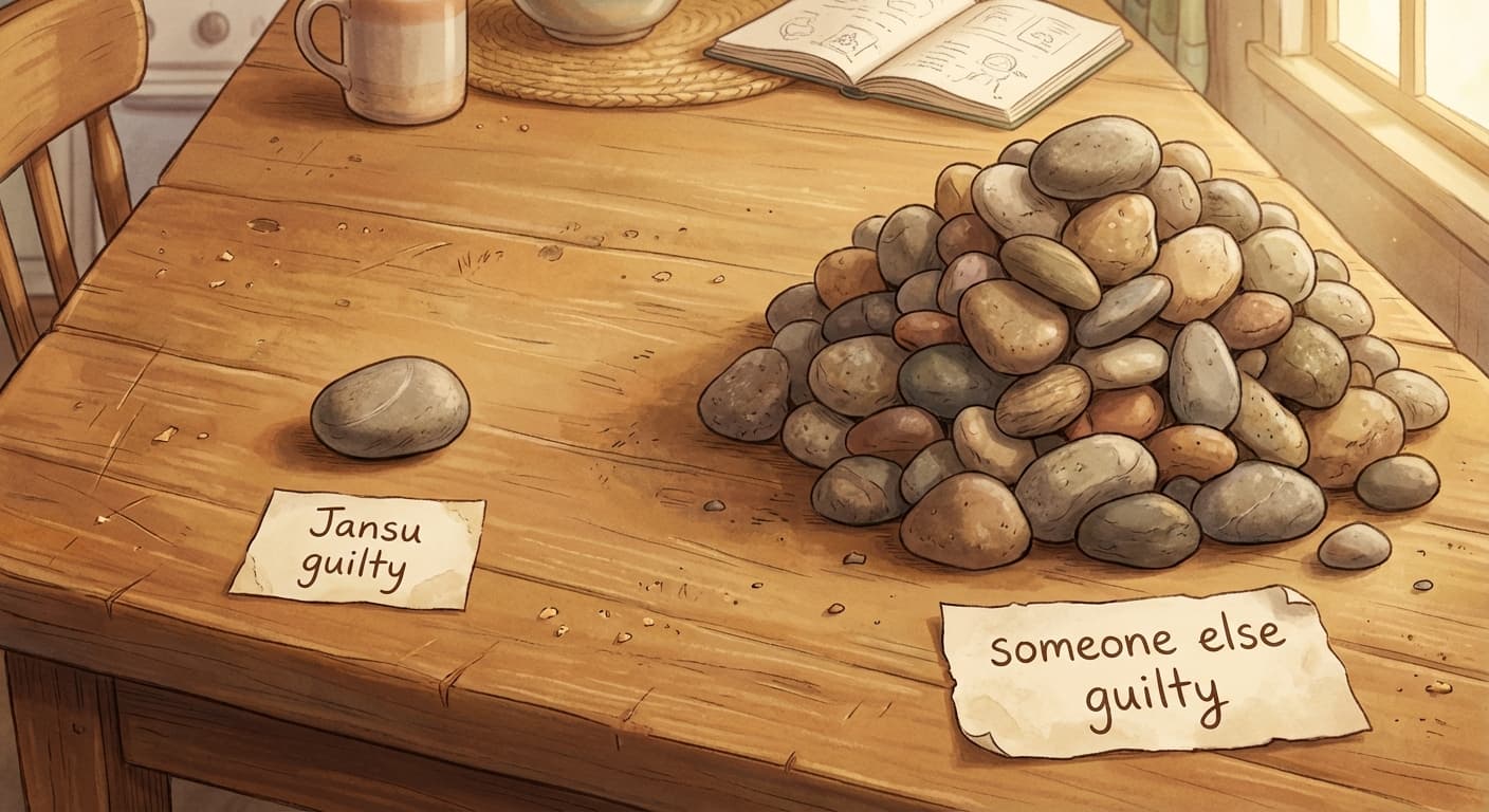 Two groups of pebbles on a kitchen table — a single pebble on the left labeled "Jansu guilty" and a large pile of 99 on the right labeled "someone else guilty"
