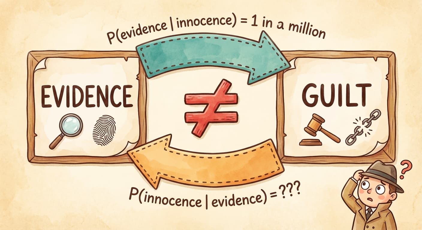 Two arrows between "Evidence" and "Guilt" pointing in opposite directions — one labeled "P(evidence given innocence) = 1 in a million" and the other labeled "P(innocence given evidence) = ???" — showing they are not the same
