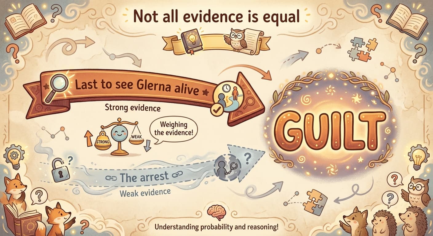 A diagram showing two arrows pointing to "guilt" — one strong and thick (last to see Glerna), one weak and thin (the arrest), illustrating how different evidence carries different weight