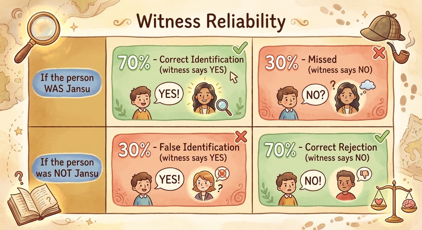 A table with two rows: one showing what happens if the person was Jansu (70% correct ID, 30% missed), the other showing what happens if the person was not Jansu (30% false ID, 70% correct rejection)